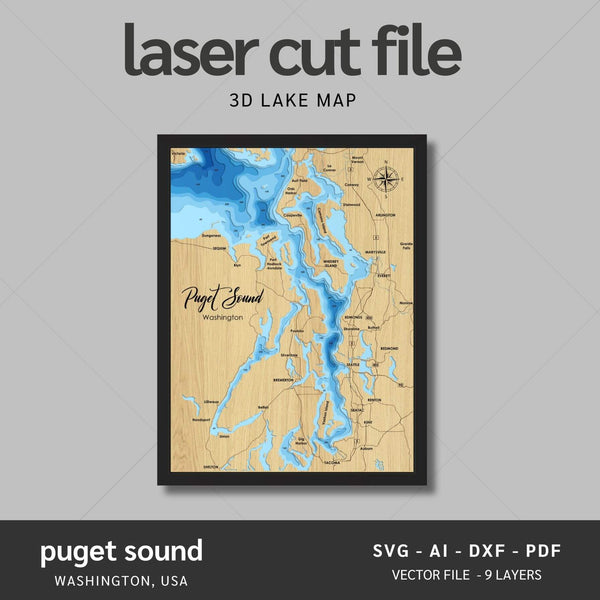 Puget Sound, Washington Laser Map Files - 8 Layers - Svg/Ai/Dxf/Pdf