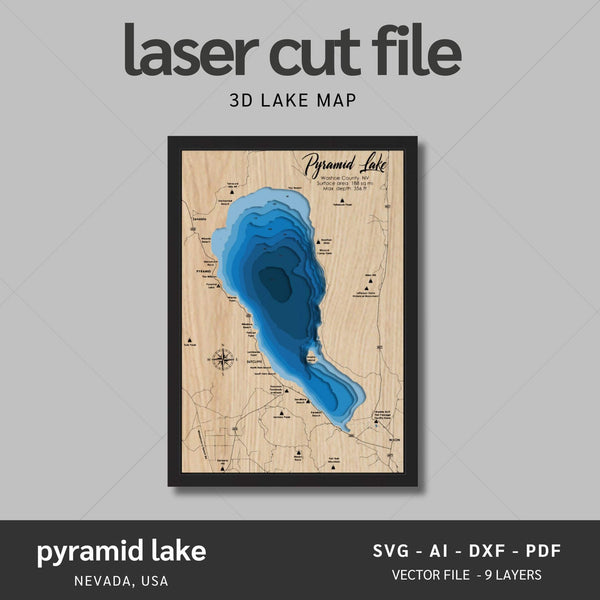 Pyramid Lake, Nevada Laser Map Files - 9 Layers - Svg/Ai/Dxf/Pdf