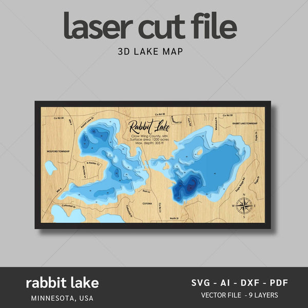 Rabbit Lake (Crow Wing County) Laser Map Files - 9 Layers - Svg/Ai/Dxf/Pdf