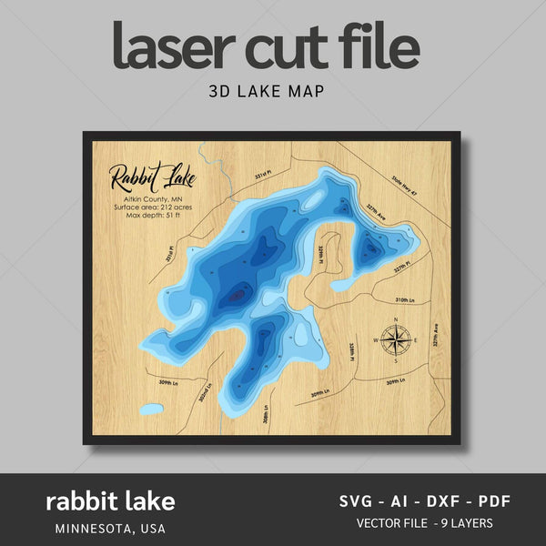 Rabbit Lake, Minnesota Laser Map Files - 9 Layers - Svg/Ai/Dxf/Pdf