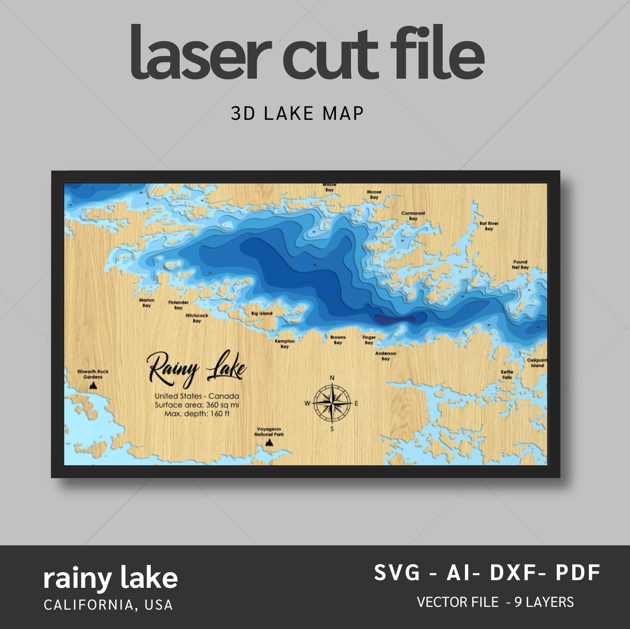 Rainy Lake, US & Canada Laser Map Files - 9 Layers - Svg/Ai/Dxf/Pdf ...