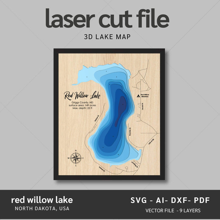 Intricate Red Willow Lake 3D Laser Cut Map Files with personalization options, presented by Moc Tho