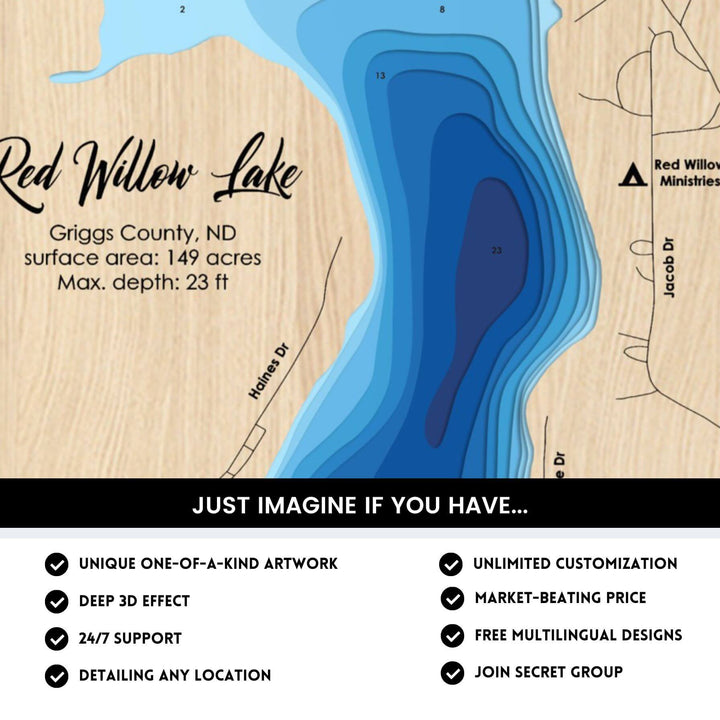 Details of Red Willow Lake 3D Depth Map FIles, unique wall art, deep effect, unlimited customization