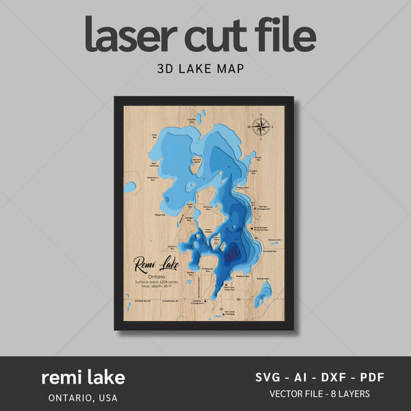 Remi Lake, Ontario Laser Map Files - 8 Layers - Svg/Ai/Dxf/Pdf