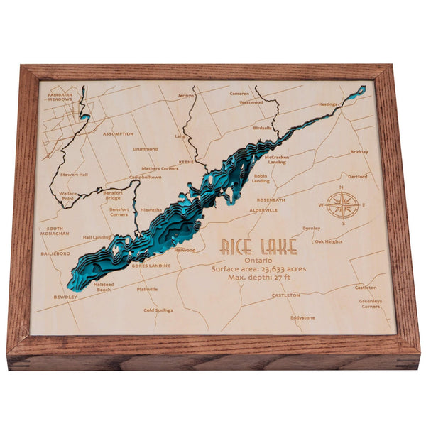 Rice lake, Ontario 3D Wooden Map – Dark Blue – 9 Layers