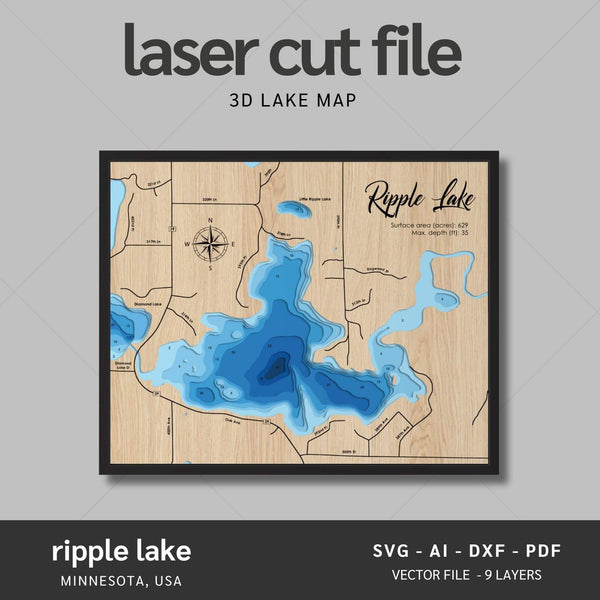 Ripple Lake, Minnesota Laser Map Files - 9 Layers - Svg/Ai/Dxf/Pdf