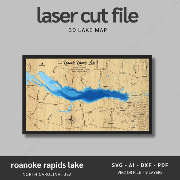 Roanoke Rapids, North Carolina Lake Laser Map Files - 7 Layers - Svg/Ai/Dxf/Pdf