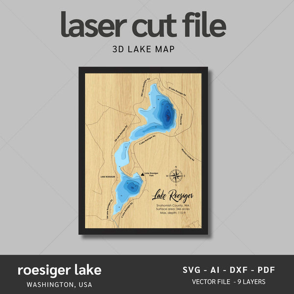 Roesiger Lake, Washington Laser Map Files - 9 Layers - Svg/Ai/Dxf/Pdf