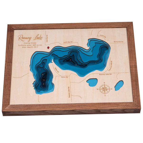 Rooney Lake 3D Wooden Map – Dark Blue – 9 Layers