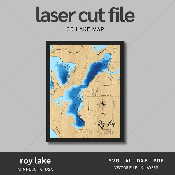 Roy Lake, Minnesota Laser Map Files - 9 Layers - Svg/Ai/Dxf/Pdf