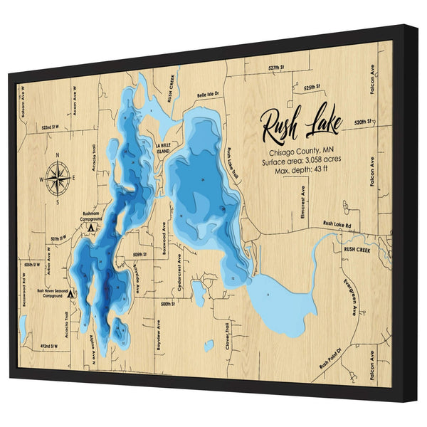 Rush Lake Map, Minnesota - Personalized 3D Wooden Map - Depth Map Wall Art - Nautical Decor for Lake House