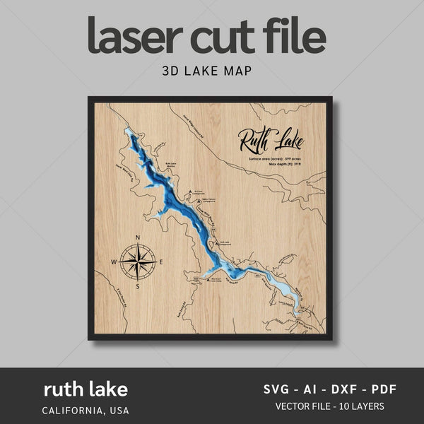 Ruth Lake, California Laser Map Files - 10 Layers - Svg/Ai/Dxf/Pdf