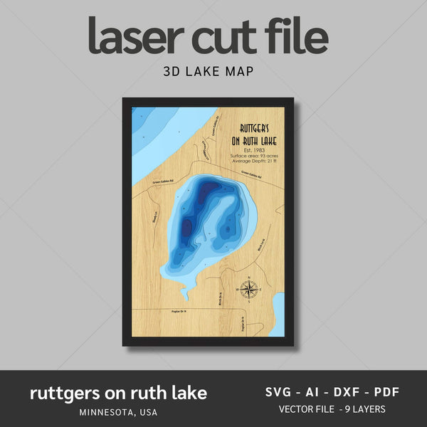 Ruth Lake, Minnesota Laser Map Files - 9 Layers - Svg/Ai/Dxf/Pdf