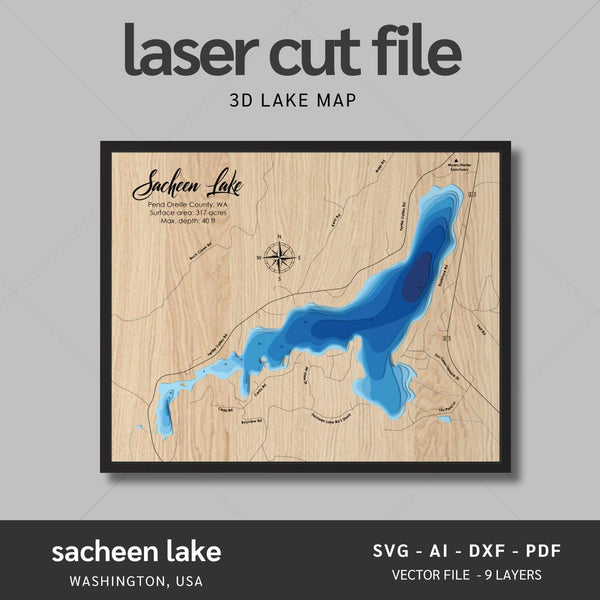 Sacheen Lake, Washington Laser Map Files - 9 Layers - Svg/Ai/Dxf/Pdf