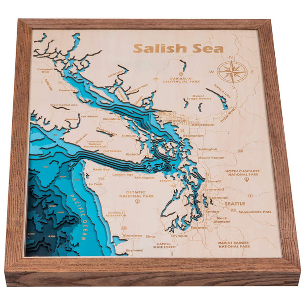 Salish Sea, Canada 3D Wooden Map – Teal – 10 Layers