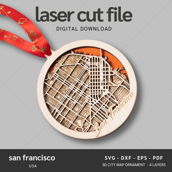 San Francisco, California USA City Map Ornaments Files - 4 Layers - Svg/Ai/Dxf/Pdf