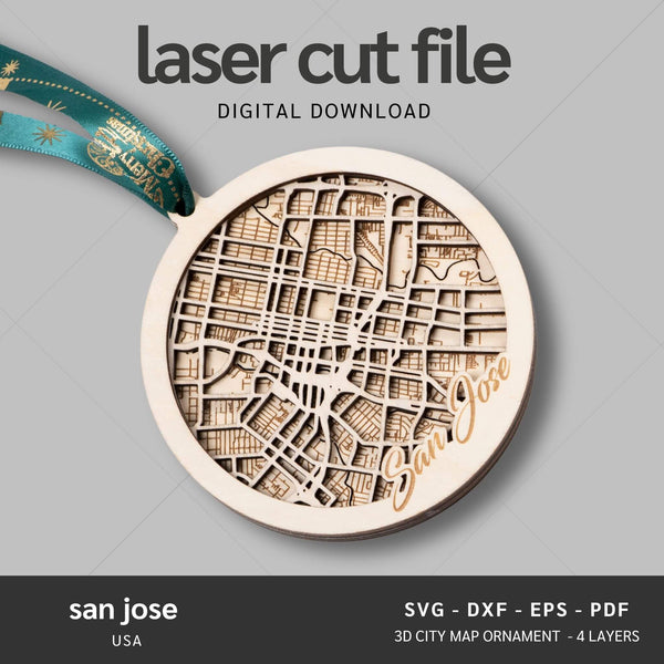 San Jose, California USA City Map Ornaments Files - 4 Layers - Svg/Ai/Dxf/Pdf