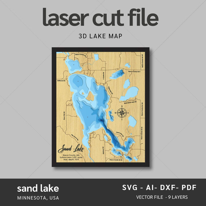 Intricate Sand Lake 3D Laser Cut Map Files with personalization options, presented by Moc Tho