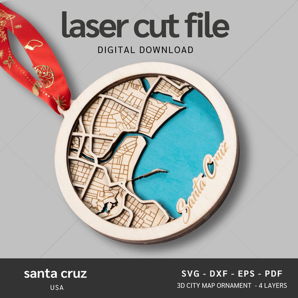 Santa Cruz, California USA City Map Ornaments Files - 4 Layers - Svg/Ai/Dxf/Pdf