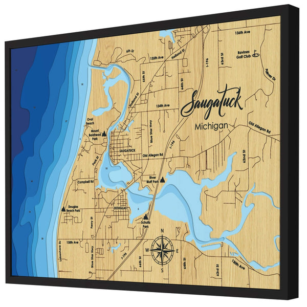 Saugatuck Map, Michigan - Personalized 3D Wooden Map - Depth Map Wall Art - Nautical Decor for Lake House