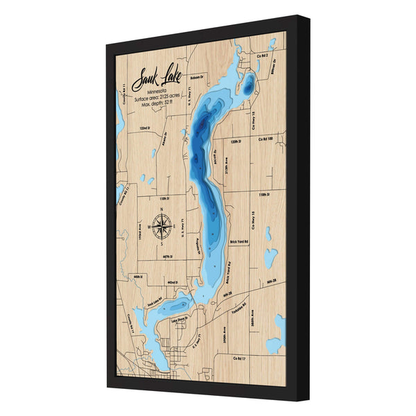 Sauk Lake Map, Minnesota - Personalized 3D Wooden Map - Depth Map Wall Art - Nautical Decor for Lake House