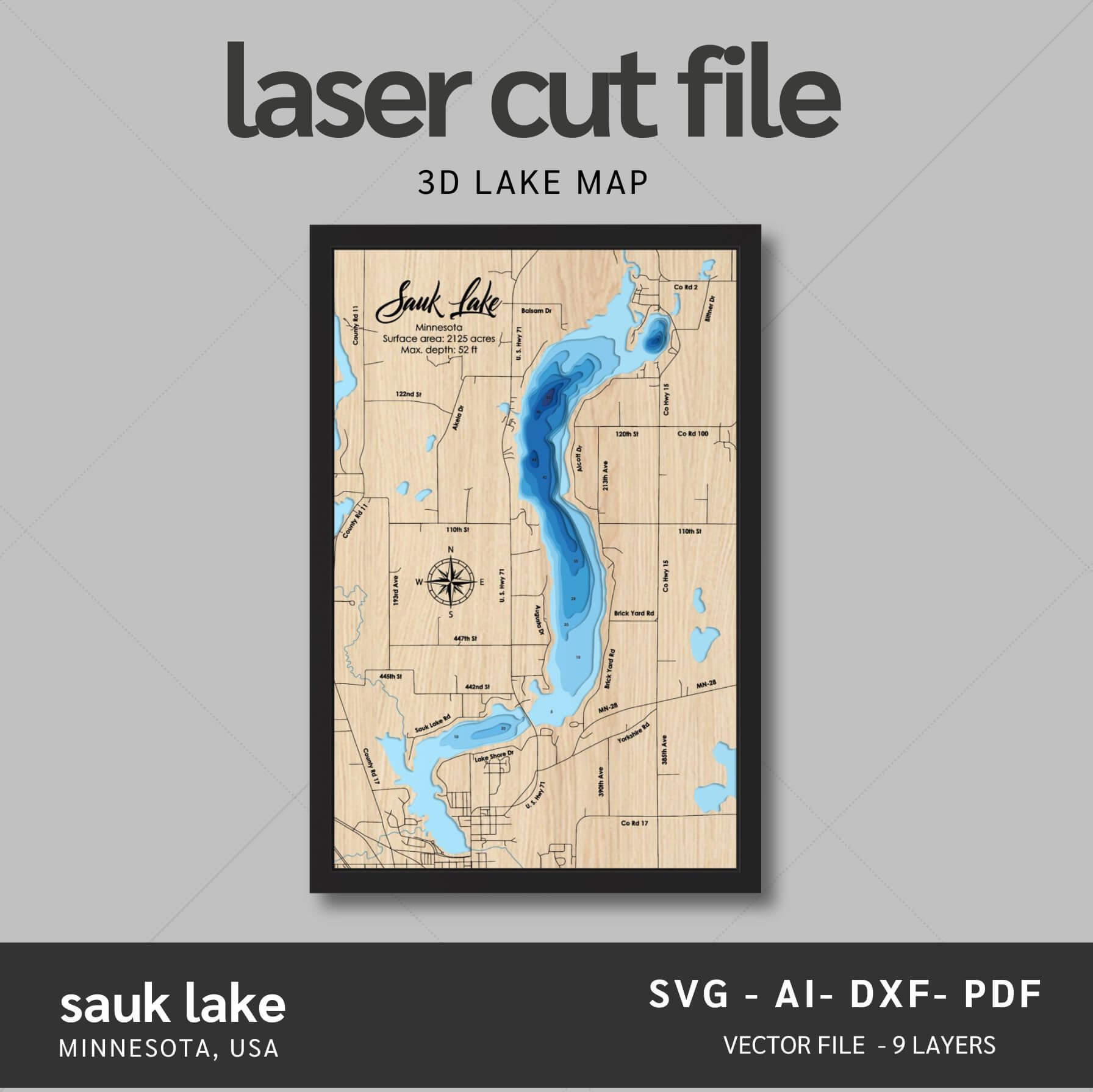 Sauke Lake, Minesota Laser Map Files - 9 Layers - Svg/Ai/Dxf/Pdf – Moc ...