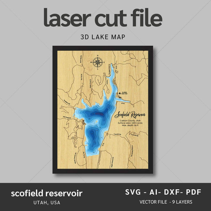 Intricate Scofield Reservoir 3D Laser Cut Map Files with personalization options, presented by Moc Tho