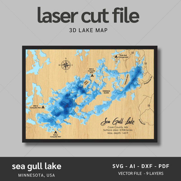 Sea Gull Lake, Minnesota Laser Map Files - 9 Layers - Svg/Ai/Dxf/Pdf