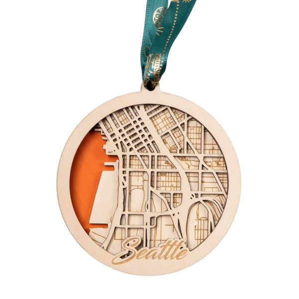 Seattle, Washington USA 3D Wooden City Map Ornament – 4.5’’x4’’ - Blue