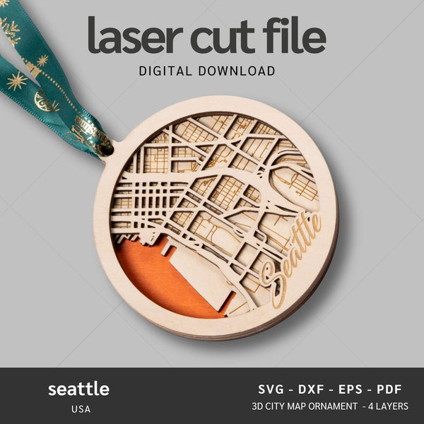 Seattle, Washington USA City Map Ornaments Files - 4 Layers - Svg/Ai/Dxf/Pdf