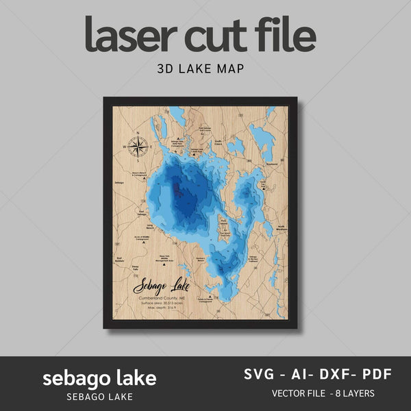 Sebago Lake, Maine Laser Map Files - 9 Layers - Svg/Ai/Dxf/Pdf