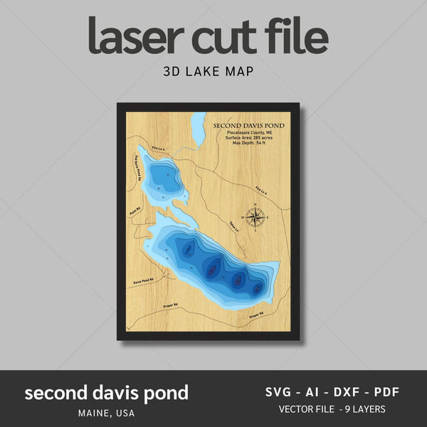 Second Davis Pond, Maine Laser Map Files - 9 Layers - Svg/Ai/Dxf/Pdf