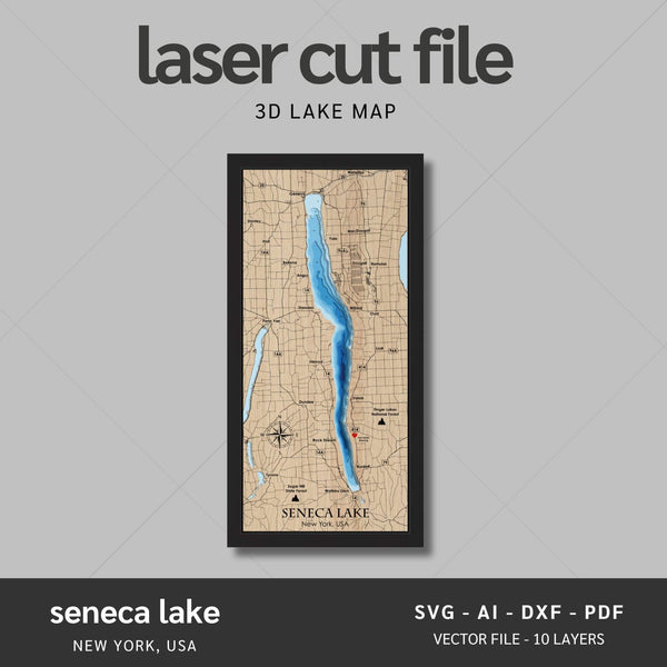 Seneca Lake, New York Laser Map Files - 10 Layers - Svg/Ai/Dxf/Pdf