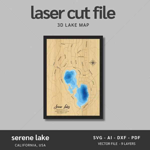 Serene Lake, California Laser Map Files - 9 Layers - Svg/Ai/Dxf/Pdf