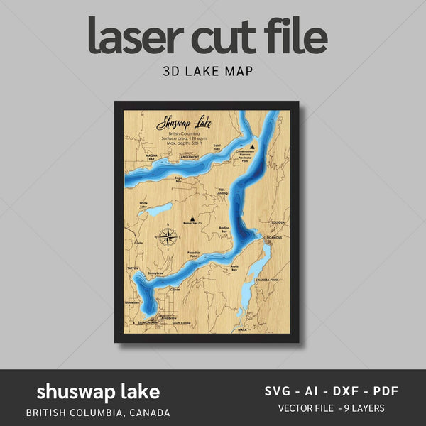 Shuswap Lake, Canada Laser Map Files - 9 Layers - Svg/Ai/Dxf/Pdf