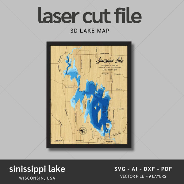 Sinissippi Lake, Wisconsin Laser Map Files - 9 Layers - Svg/Ai/Dxf/Pdf