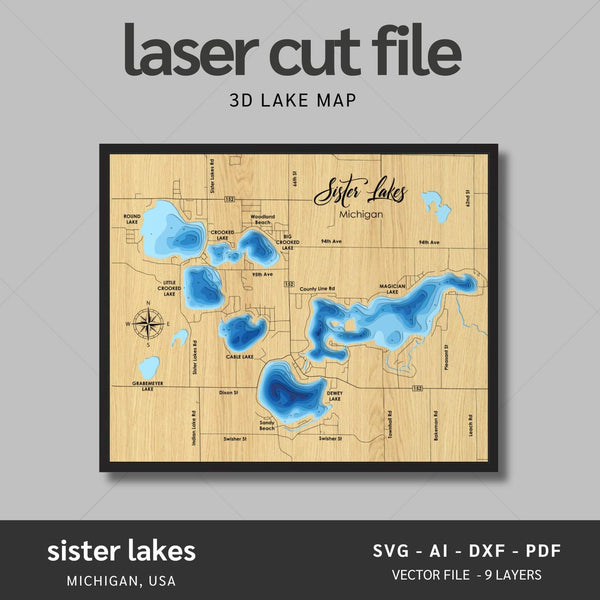 Sister Lakes, Michigan Laser Map Files - 9 Layers - Svg/Ai/Dxf/Pdf