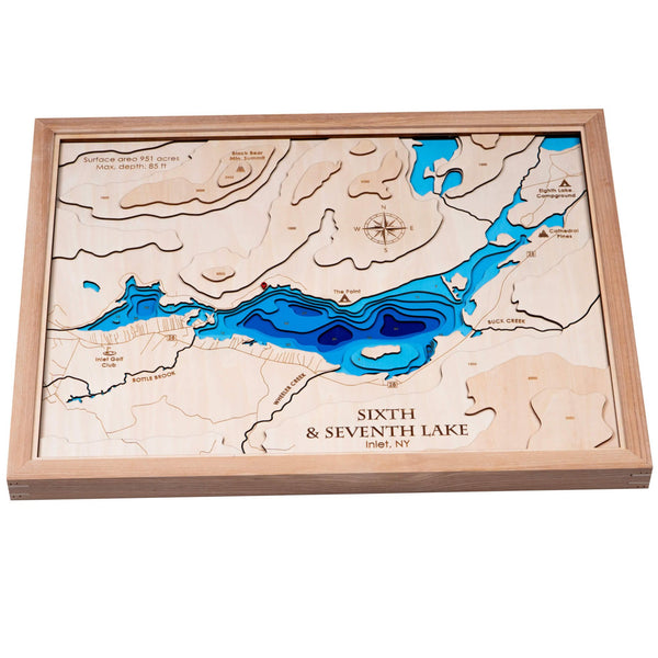 Sixth & Seventh Lake, NY 3D Wooden Map – Blue – 9 Layers