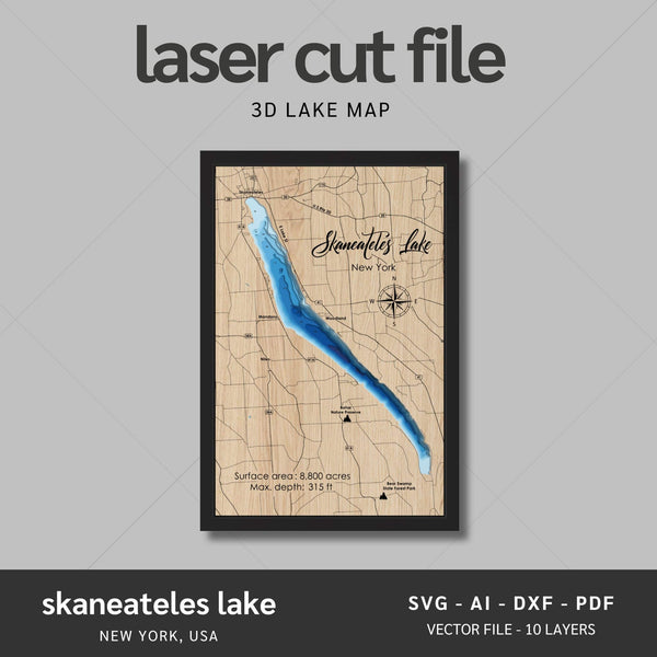 Skaneateles Lake, New York Laser Map Files - 10 Layers - Svg/Ai/Dxf/Pdf