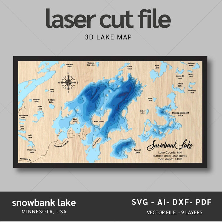 Intricate Snowbank Lake 3D Laser Cut Map Files with personalization options, presented by Moc Tho