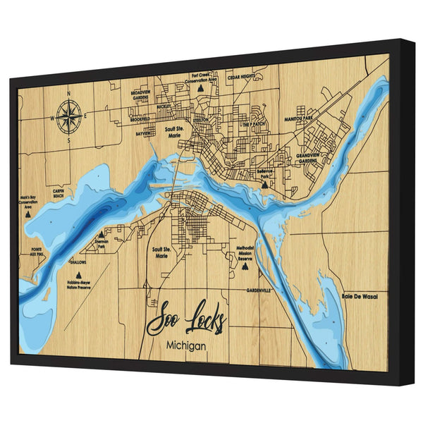 Soo Locks Map, Michigan - Personalized 3D Wooden Map - Depth Map Wall Art - Nautical Decor for Lake House