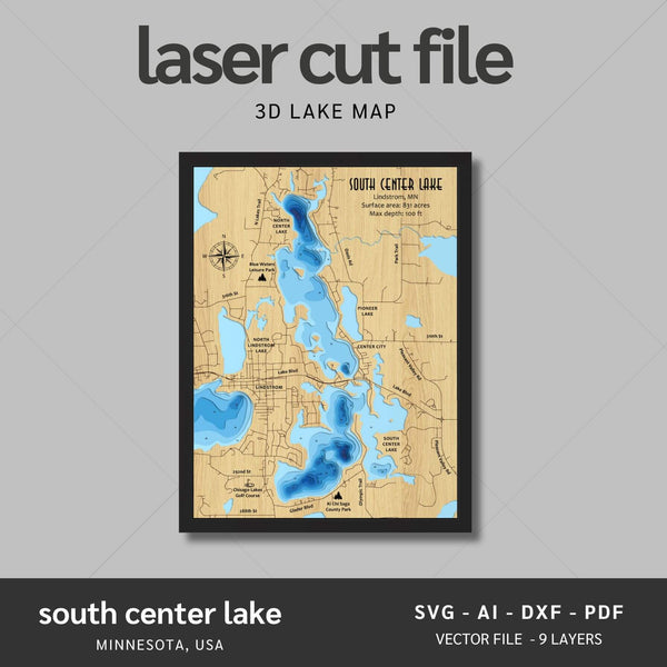 South Center Lake, Minnesota Laser Map Files - 9 Layers - Svg/Ai/Dxf/Pdf