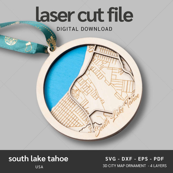 South Lake Tahoe, California USA City Map Ornaments Files - 4 Layers - Svg/Ai/Dxf/Pdf