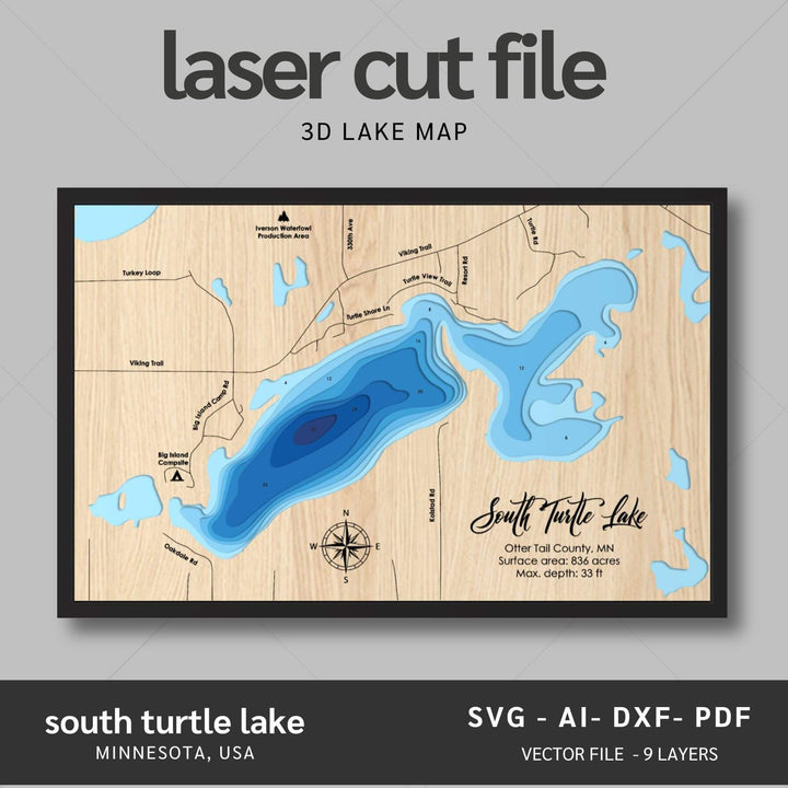 Intricate South Turtle Lake 3D Laser Cut Map Files with personalization options, presented by Moc Tho