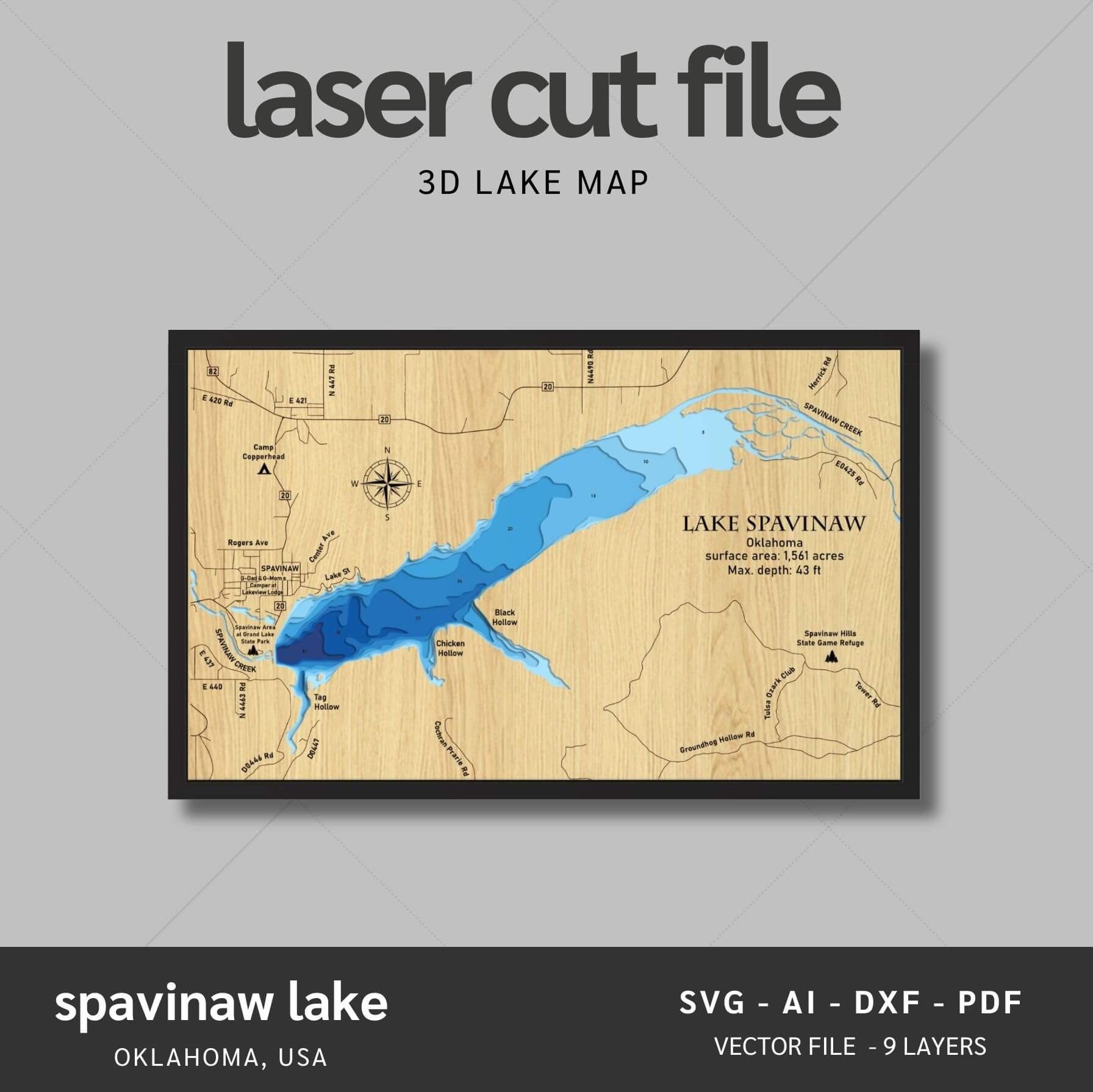 Spavinaw Lakem, Oklahoma Laser Map Files - 9 Layers - Svg/Ai/Dxf/Pdf ...