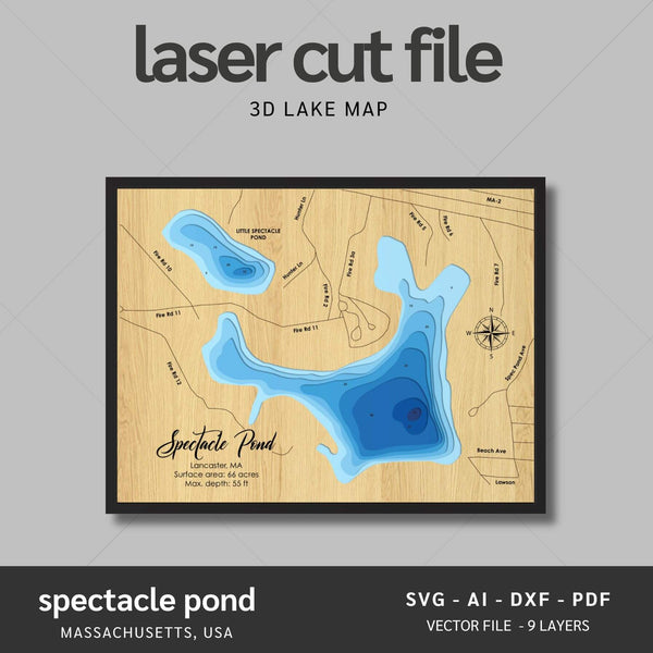 Spectacle Pond, Massachusetts Laser Map Files - 9 Layers - Svg/Ai/Dxf/Pdf