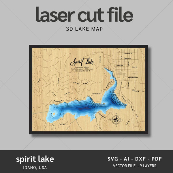 Spirit Lake, Idaho Laser Map Files - 9 Layers - Svg/Ai/Dxf/Pdf