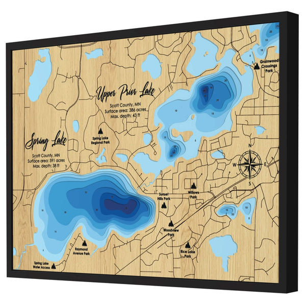 Spring Lake & Upper Prior Lake Map, Minnesota - Personalized Wood Map - Depth Map Wall Art - Lake House Gifts