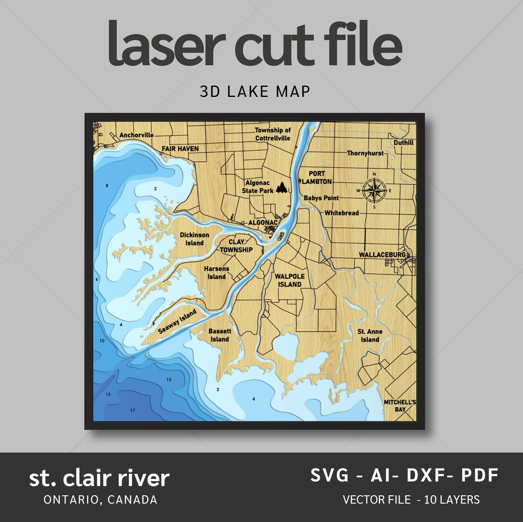The Saint Clair River, Canada Laser Map Files Svg/Ai/Dxf/Pdf Moc
