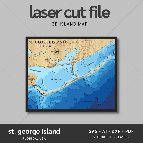 St George Island, Florida Laser Map Files - 9 Layers - Svg/Ai/Dxf/Pdf